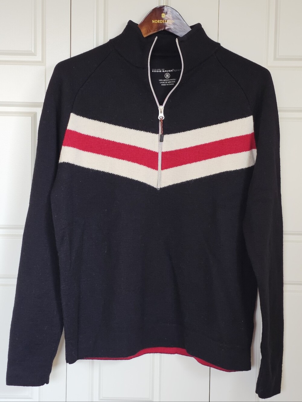 Eddie Bauer 100% Merino Wool Quarter Zip Sweater M Black Red Cream Retro